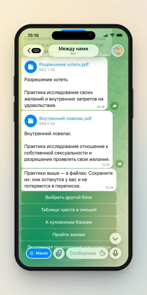 Экран бота: практики от психолога PDF-файлами