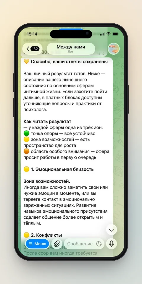 Экран бота: карта результатов с зонами по сферам